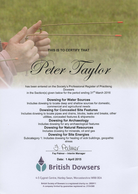 Peter Taylor - Register of Practicing Dowsers Certificate