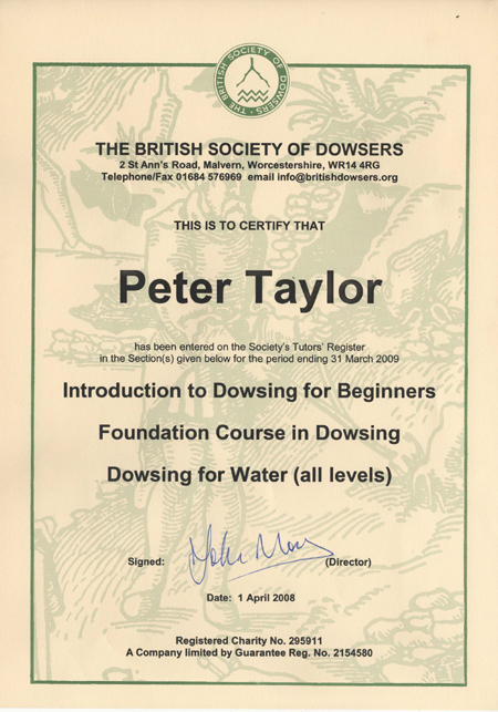 Peter Taylor, The British Society of Dowsers - Certification