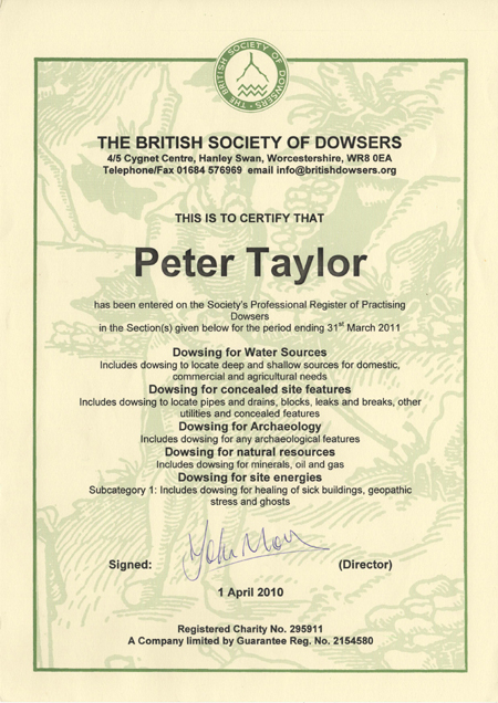 Peter Taylor, The British Society of Dowsers - Certification